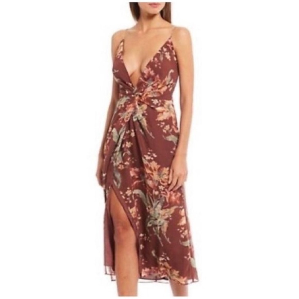 {Keepsake The Label} Romance Floral V-Neck Twist-Front Midi Slip Dress, Size 4/S